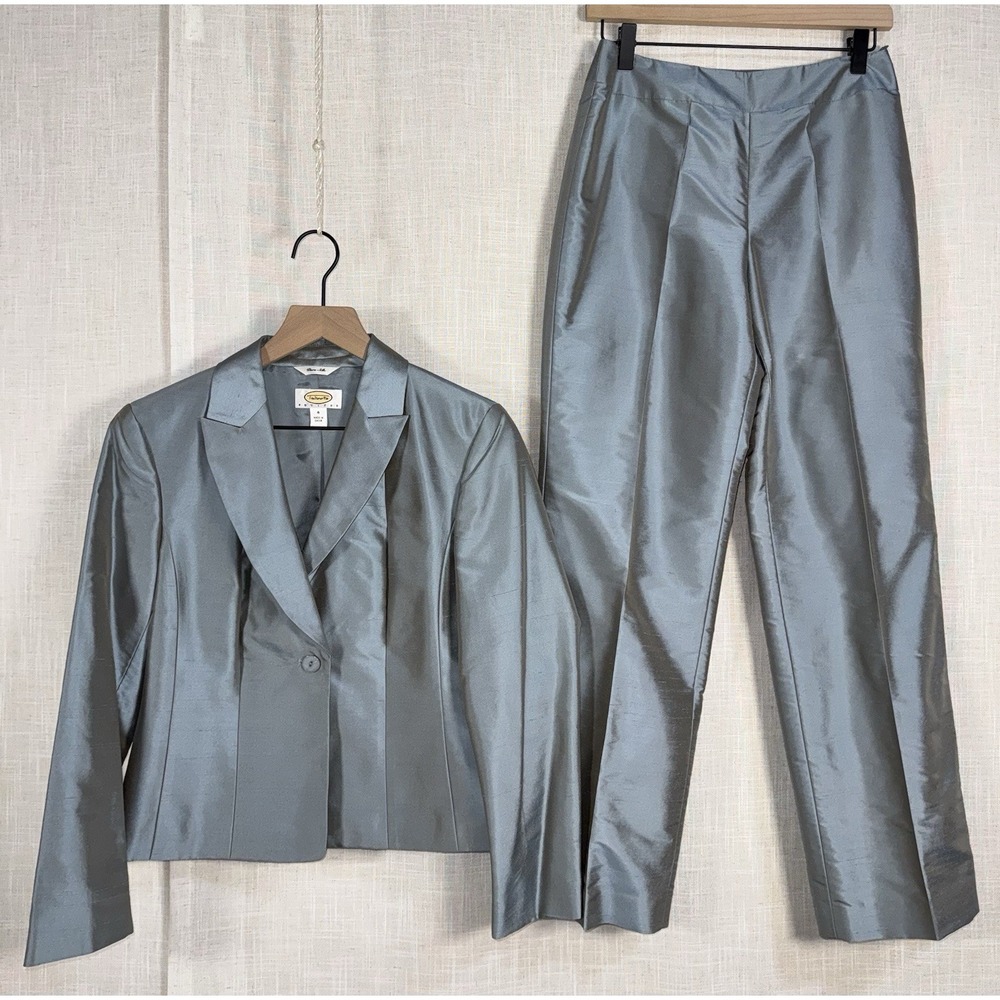 Talbots PURE SILK 2 Pc Women's Blue Petite Suit Set 4 Jacket Blazer 6 Pants